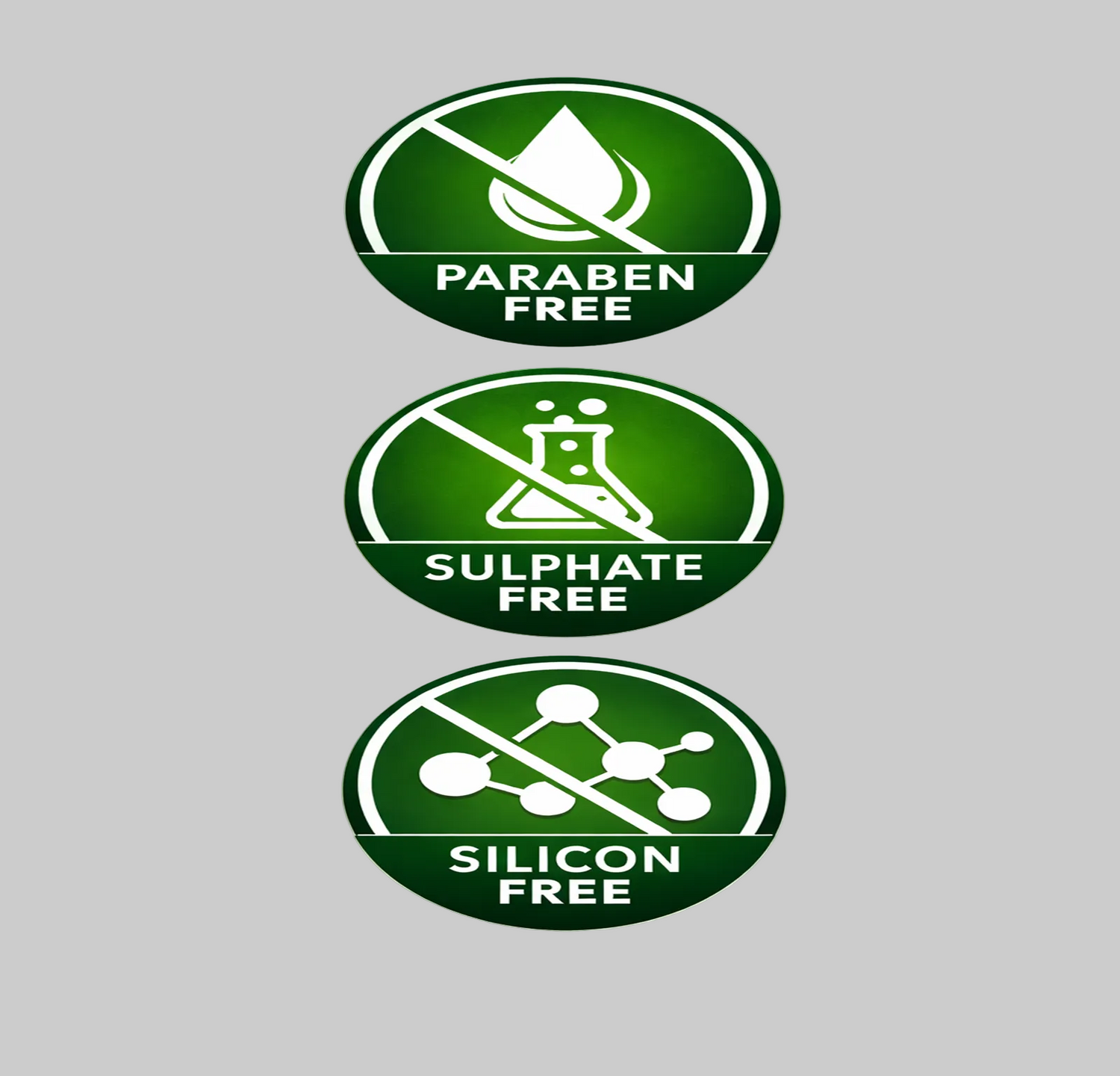 Three green icons indicating paraben, sulfate, and silicon free products against a blurred natural background.