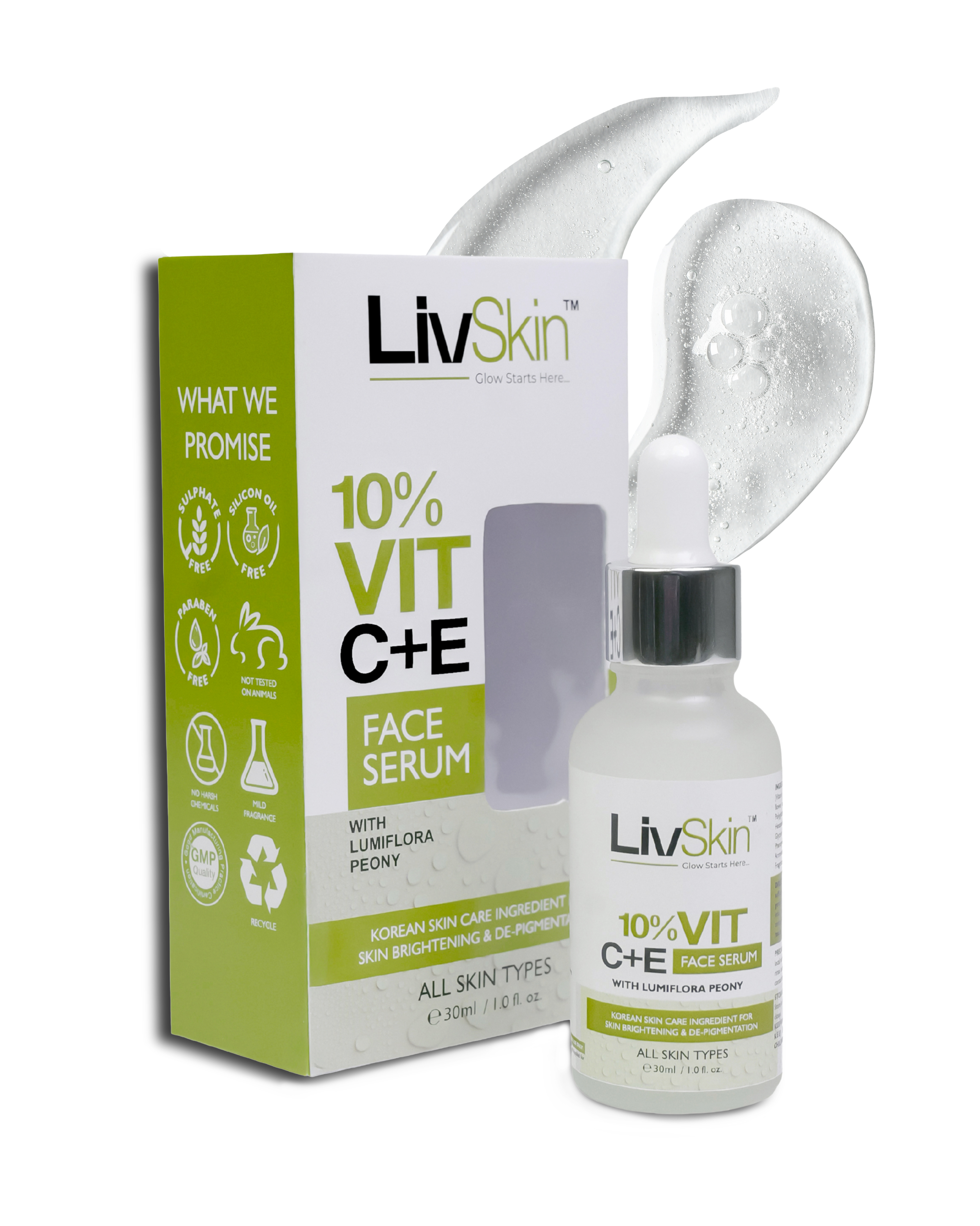 LivSkin 10% Vitamin C + E Face Serum with Lumiflora Peony (30ml)