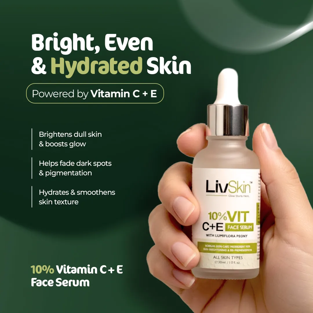 LivSkin 10% Vitamin C + E Face Serum with Lumiflora Peony (30ml)